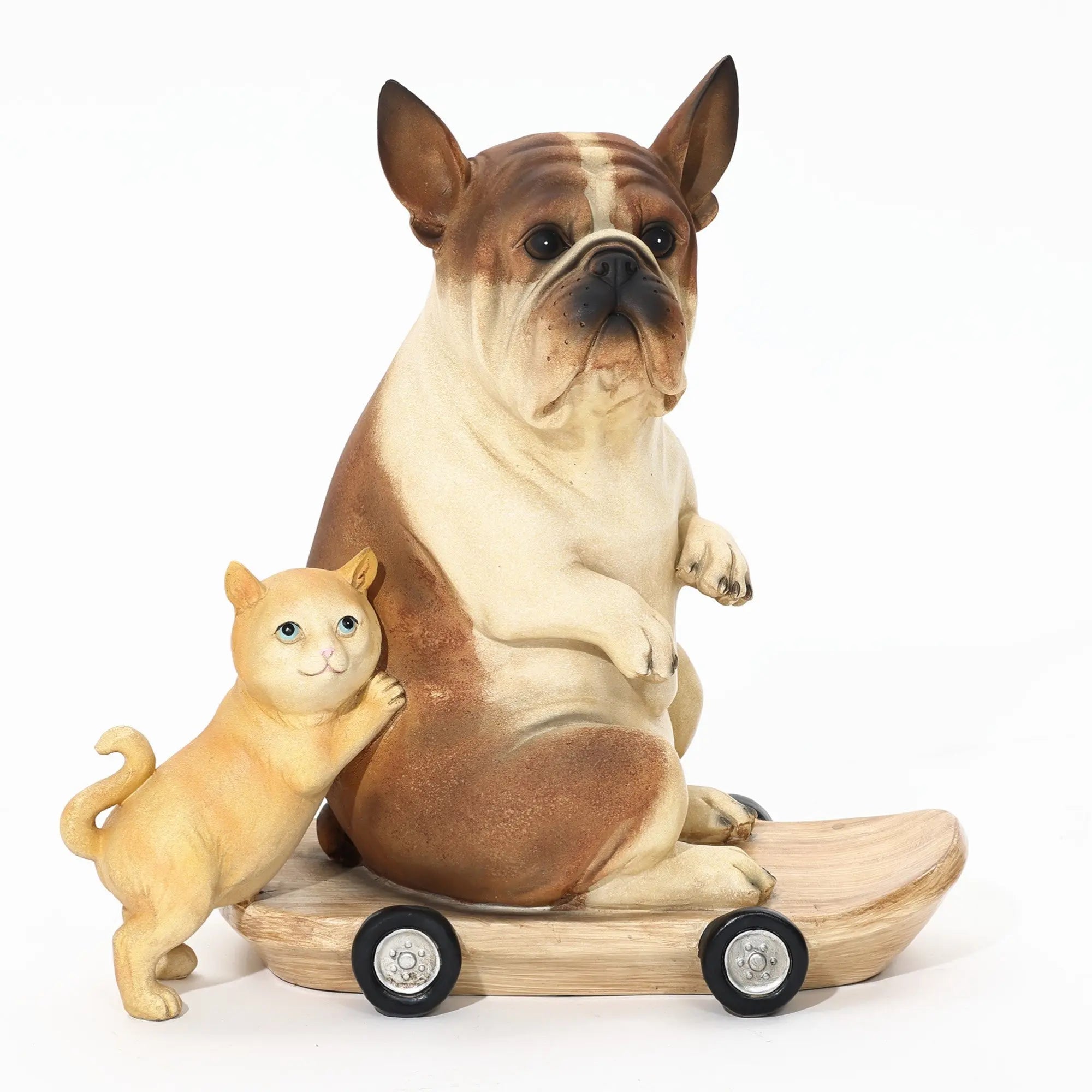 A durable resin sculpture featuring a French bulldog statue sits on a skateboard with a small cat standing beside it, perfect for eclectic style decor.