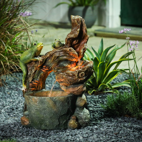 Brown, Green, and Gray Resin Frogs and Tree Outdoor Fountain with LED Light
