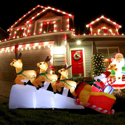 10Ft Santa Claus On Sleigh with Three Flying Reindeer and Gifts Christmas Inflatable with LED Lights