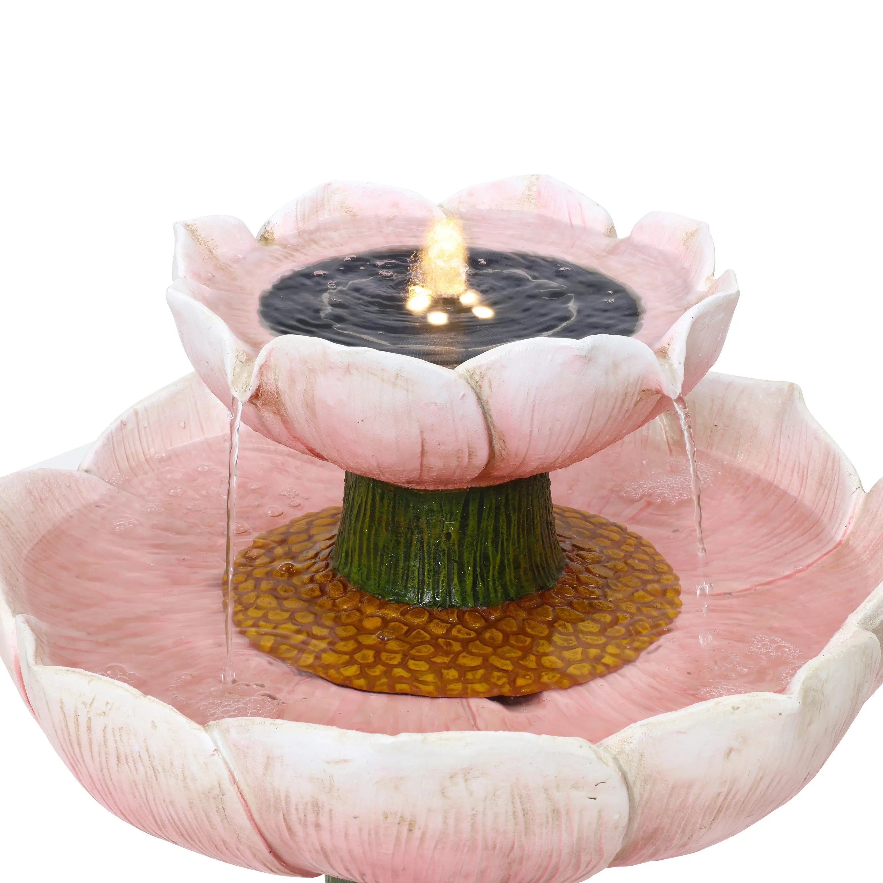 Pink-two-tier-flower-birdbath-with-solar-power-lights-and-waterfall-effect