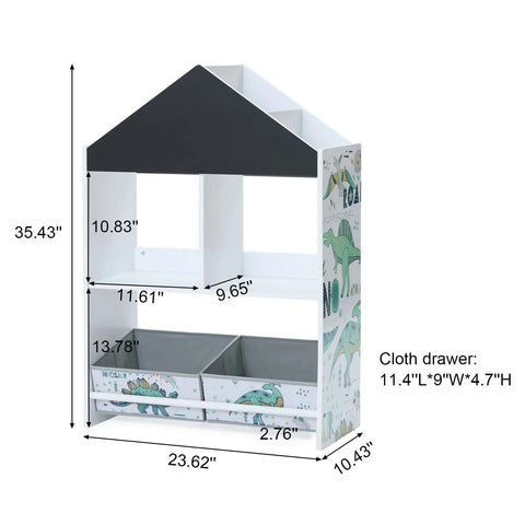 Children's Multi-Functional Dinosaur House Bookcase Toy Storage Bin Floor Cabinet with Blackboard