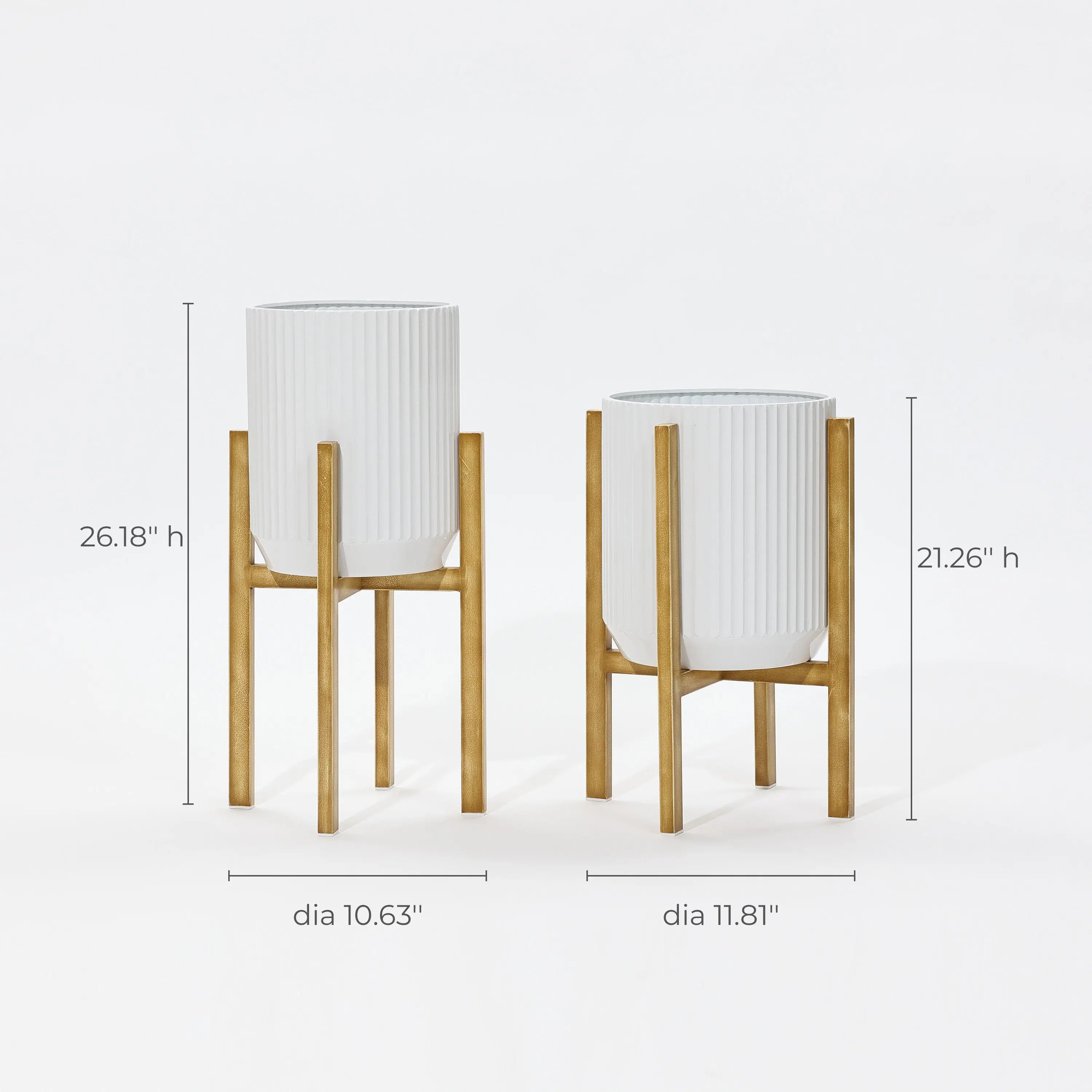 Two modern metal plant pots on wooden stands showcase sleek design and practicality, with dimensions: left, 26.18 h, 10.63 dia; right, 21.26 h, 11.81 dia. These lightweight construction planters perfectly combine form and function for any contemporary space.