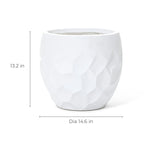 This white, geometric pot planter features a textured surface, crafted from durable magnesium oxide material. Measuring 13.2 inches in height and 14.6 inches in diameter, its perfect for both indoor and outdoor use.