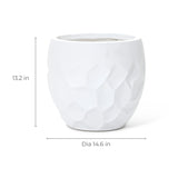 This white, geometric pot planter features a textured surface, crafted from durable magnesium oxide material. Measuring 13.2 inches in height and 14.6 inches in diameter, its perfect for both indoor and outdoor use.
