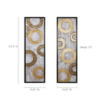 Two rectangular abstract paintings with gold metal designs and circular patterns on a textured background, perfect for enhancing your home decor. Each piece measures 47.3 H, 14.8 W, and has a depth of 1.3. Ideal as wall decor to add elegance to any space.