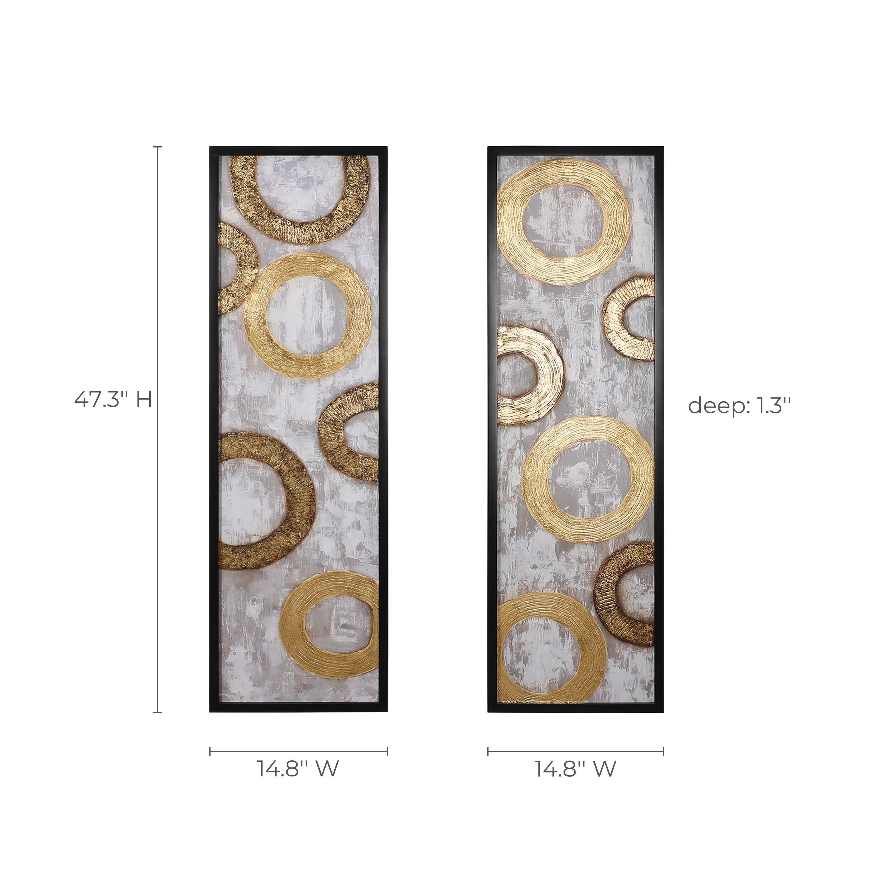 Two rectangular abstract paintings with gold metal designs and circular patterns on a textured background, perfect for enhancing your home decor. Each piece measures 47.3 H, 14.8 W, and has a depth of 1.3. Ideal as wall decor to add elegance to any space.