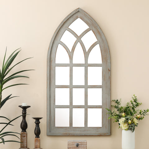 Distressed Gray Wood Frame Cathedral Window Wall Mirror