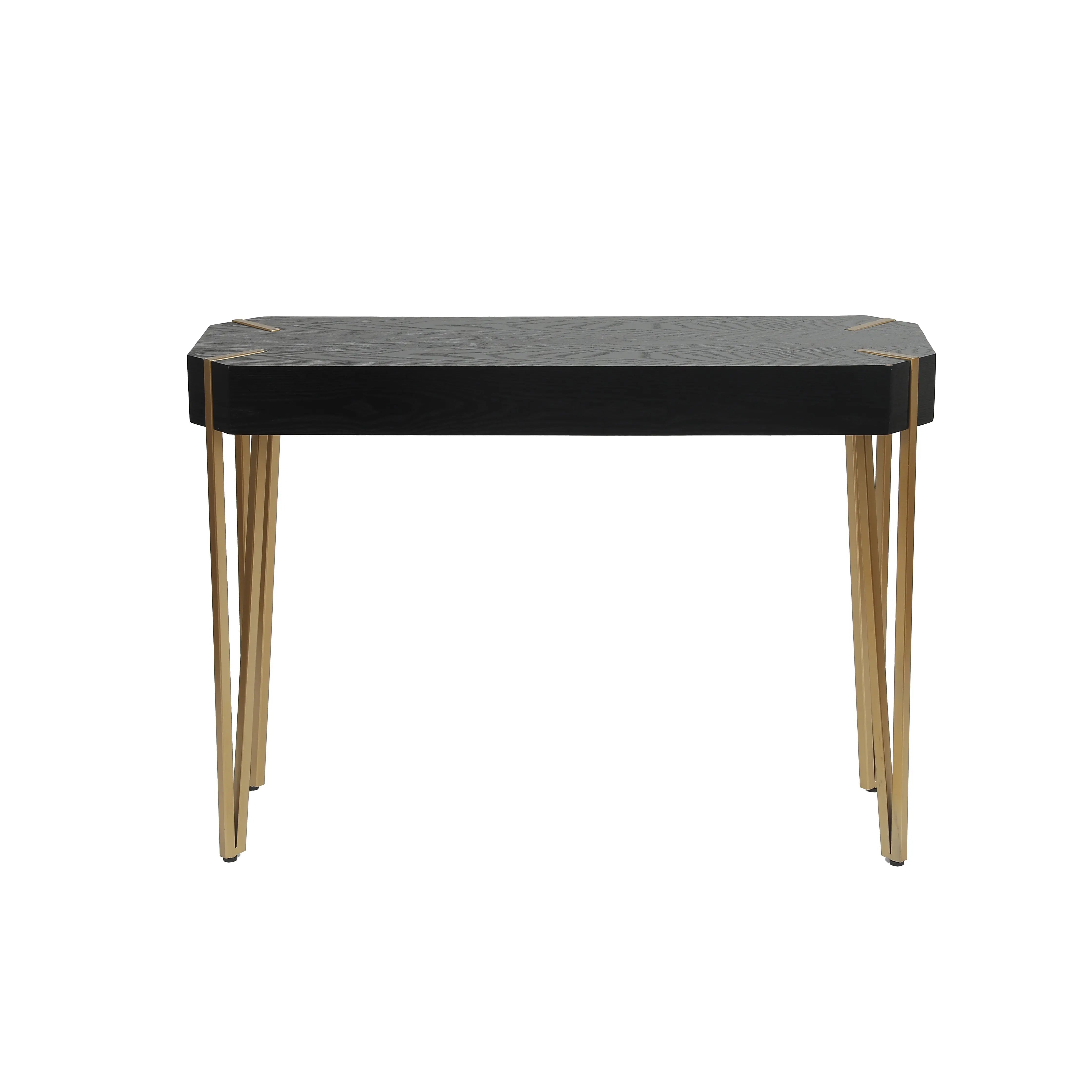 A rectangular black console table with modern design features gold metal hairpin legs and slightly rounded corners, photographed against a white background.