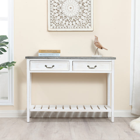 Farmhouse Distressed White Wood 2-Drawer 1-Shelf Console and Entry Table