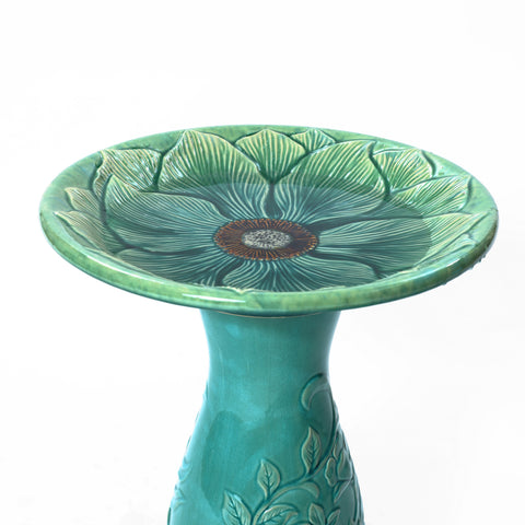 Aqua Glazed Flower Ceramic Birdbath