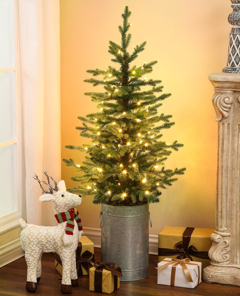 4ft Pre-Lit LED Artificial Fir Slim Christmas Tree with Metal Pot