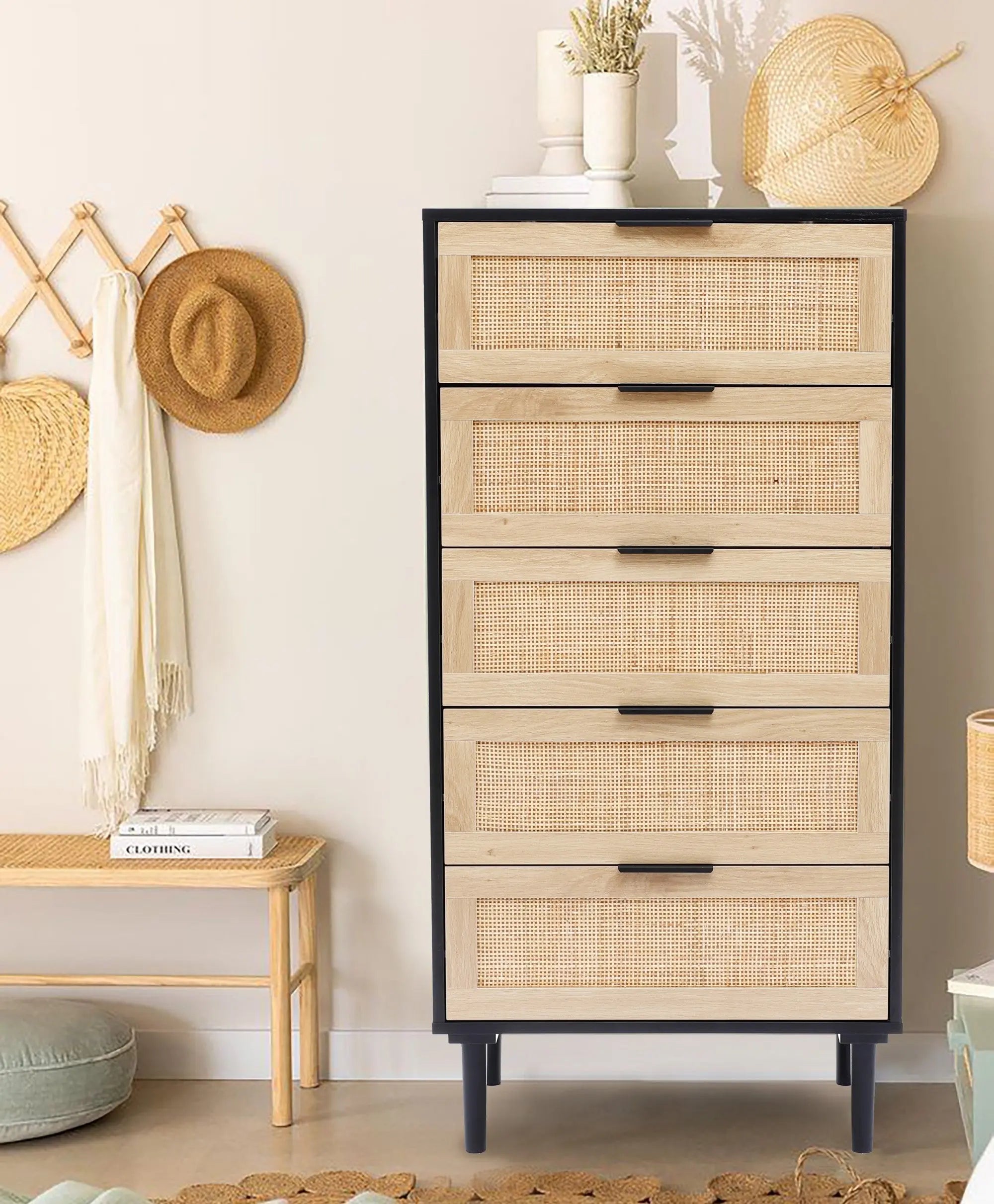 Azhar-black-five-drawer-rattan-chest
