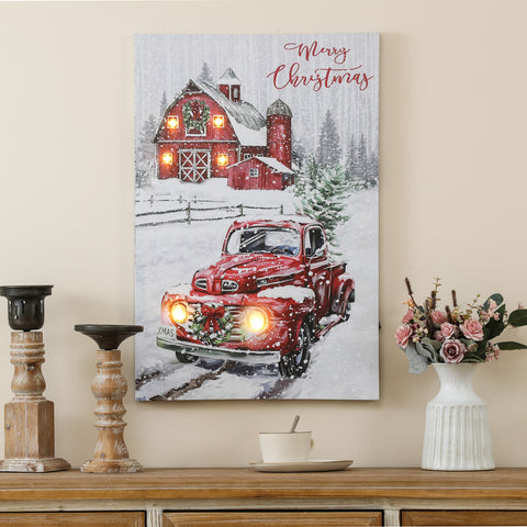 Merry Christmas Red Truck Winter Scene Lighted Canvas Print