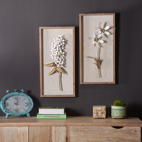 Set of 2 White and Gold Flower Bouquet Wall Decor