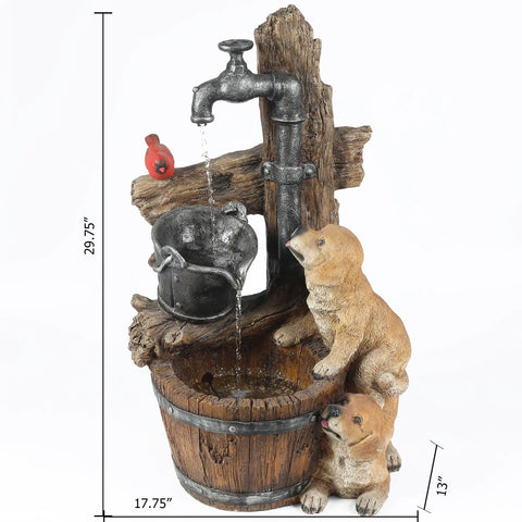 Resin Puppies and Water Pump Outdoor Patio Fountain with LED Light