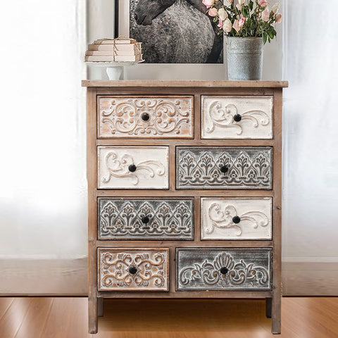 8-Drawer 32.09" H x 25.78" W Rustic Carved Wood Accent Chest