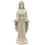 White Mary statue crafted from durable magnesium oxide, depicting a serene woman in flowing robes, barefoot with arms open and palms upward—a timeless religious icon for any space.