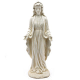 White Mary statue crafted from durable magnesium oxide, depicting a serene woman in flowing robes, barefoot with arms open and palms upward—a timeless religious icon for any space.