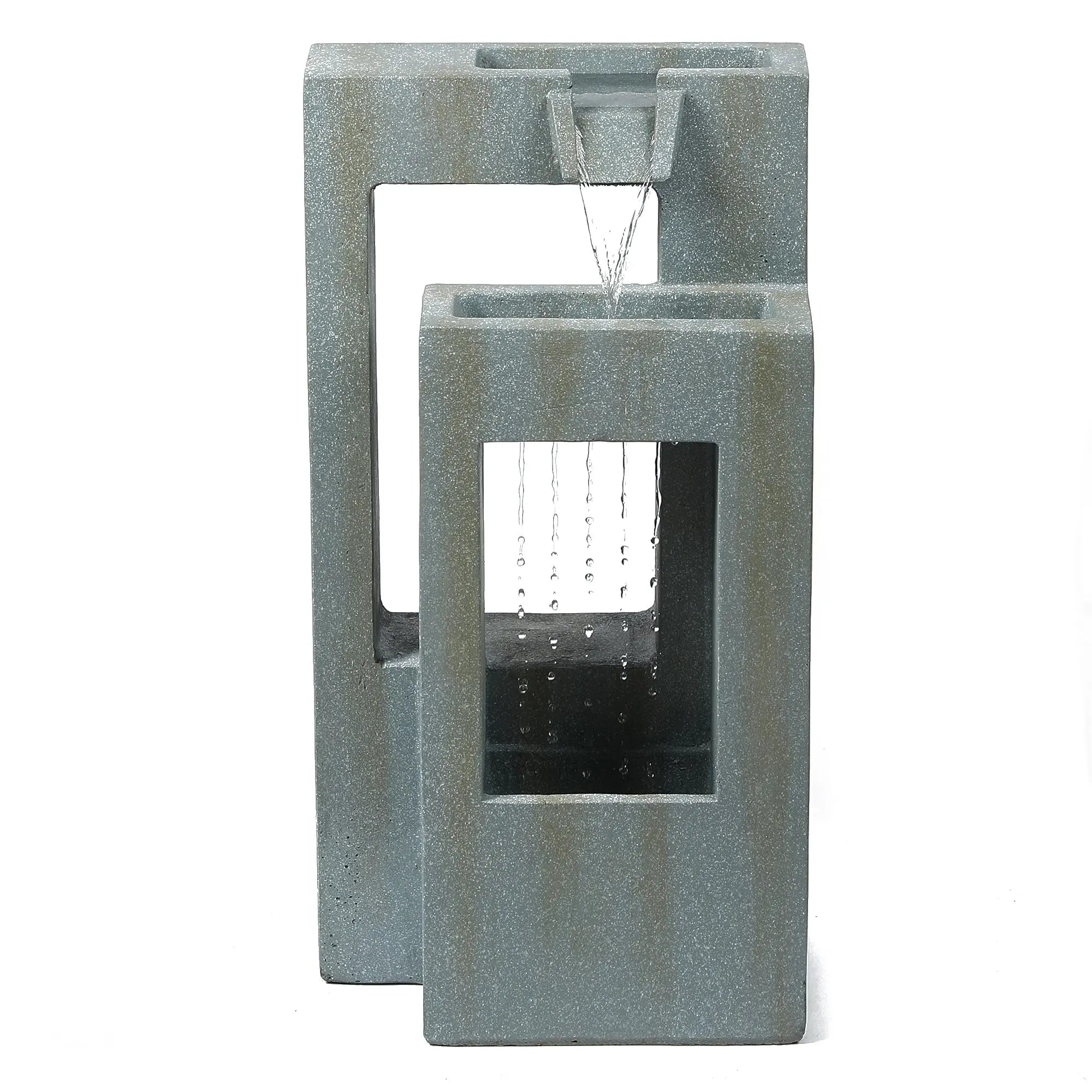 Patina-stone-gray-cement-double-column-outdoor-fountain