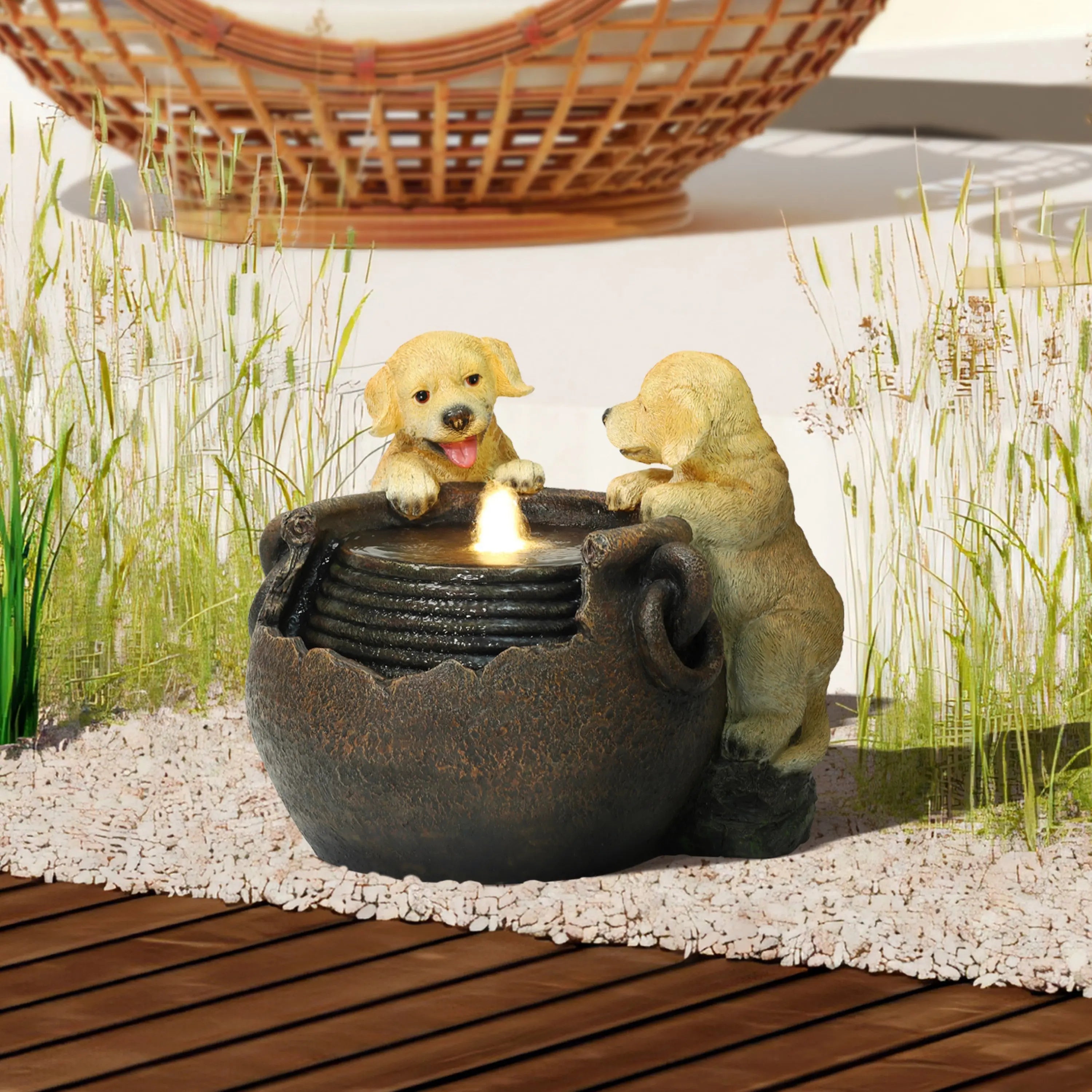 outdoor-fountain-with-puppies-and-drum-pot-for-summer-outdoor