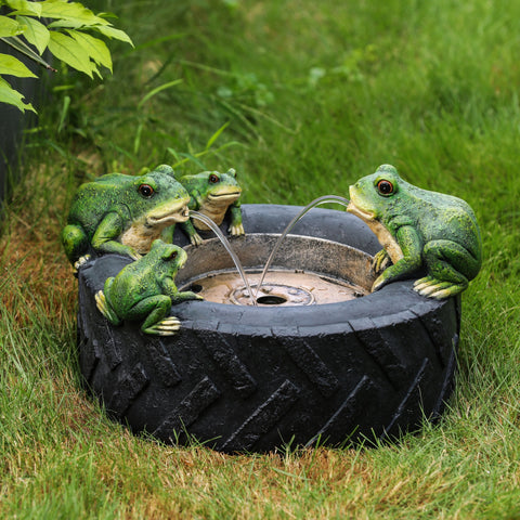 Black Resin Old Tire Frog Friends Outdoor Fountain