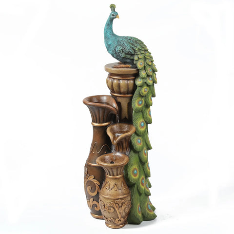 Peacock and Urns Resin Outdoor Fountain with LED Lights