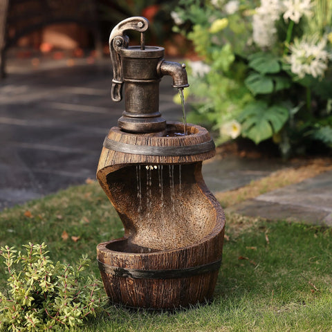 Farmhouse Spiral Barrel Rain Resin Outdoor Fountain with LED Lights