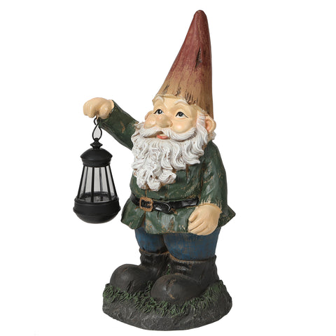 Gnome garden statue, w/ solar-powered lantern
