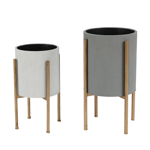 2-Piece Gray Round Metal Cachepots and Gold Stand