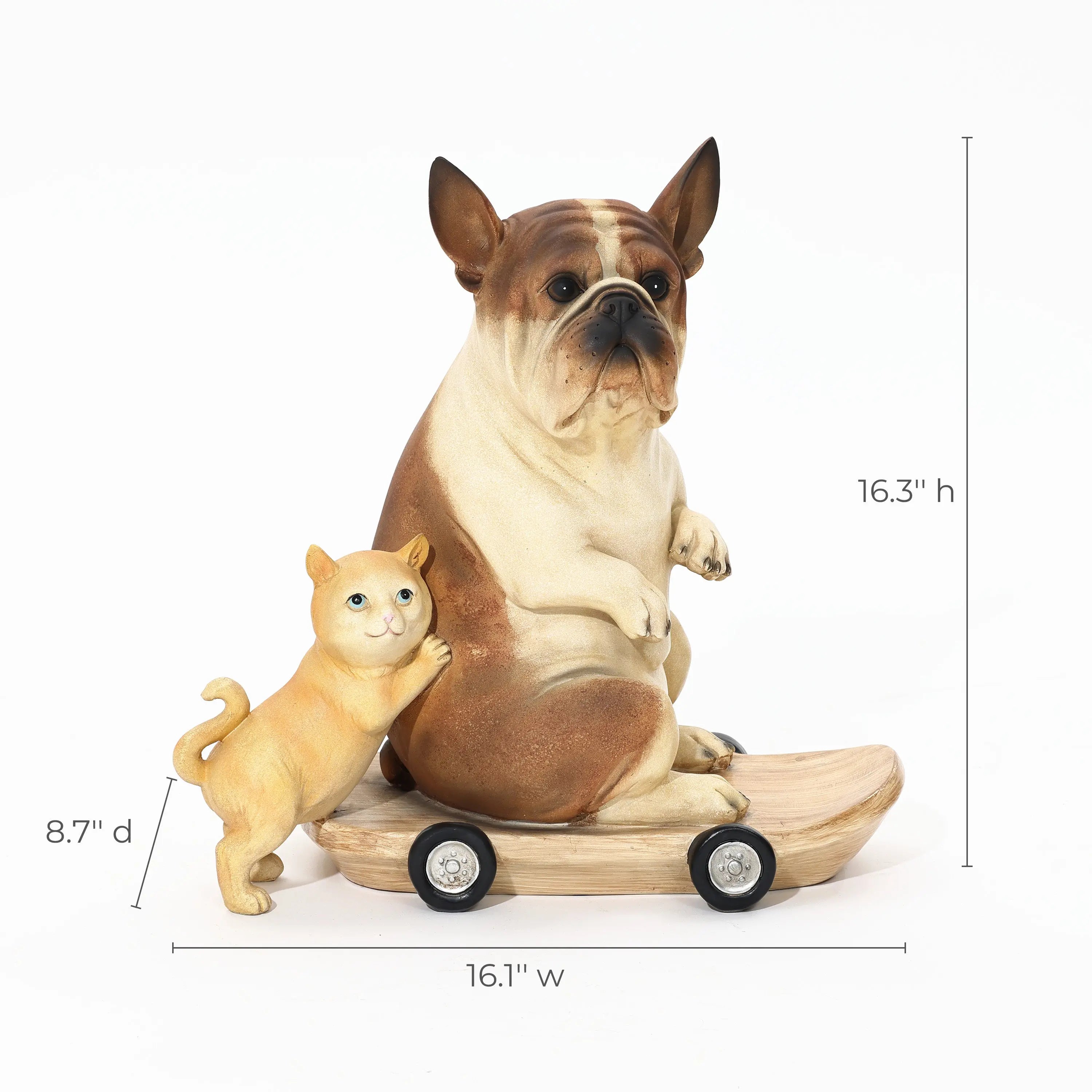 A French bulldog statue, crafted from durable resin, sits on a wheeled board with a cat standing beside it. This eclectic style decor piece measures 16.3 h, 16.1 w, and 8.7 d, adding charm to any setting.