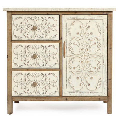 Rustic Floral Wood Floral 3-Drawer 1-Door Storage Chest and Cabinet