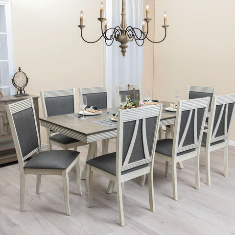 Modern Distressed Off White Rubberwood and Gray Upholstered Dining Chair, Set of 2