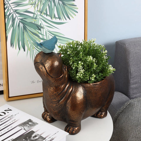 Brown Hippo and Blue Bird MgO Flower Pot Planter