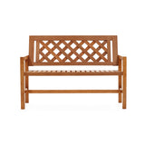 A garden bench with solid wood construction showcases a beautiful lattice design on the backrest, viewed from the front.