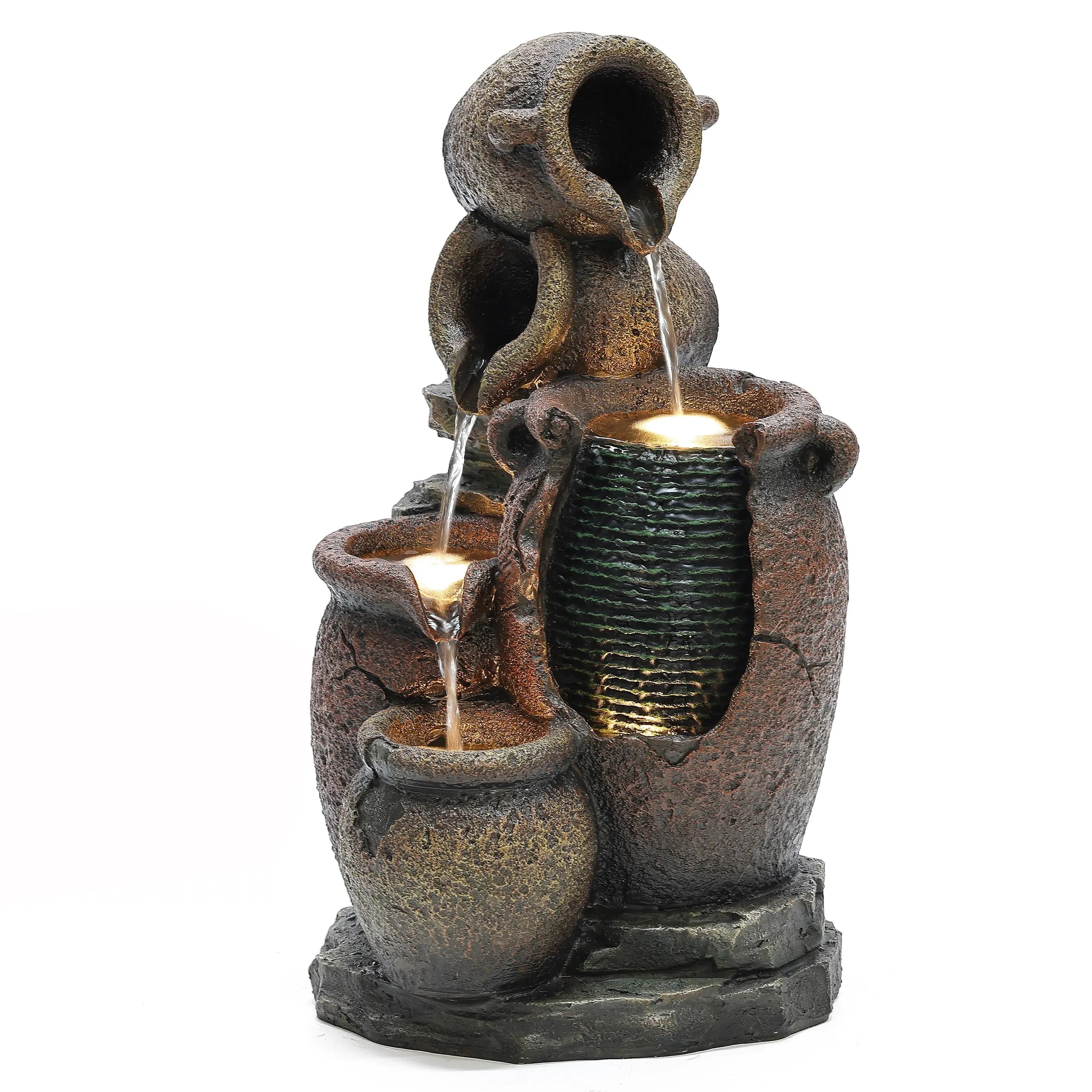 Four rustic jugs stacked vertically with water cascading down create a charming rustic urn outdoor fountain, enhanced by soft LED light—perfect as garden decor for any tabletop.