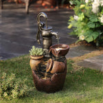 beautiful-farmhouse-outdoor-fountain-featuring-a-water-pump-and-stacked-pots-with-led-lights