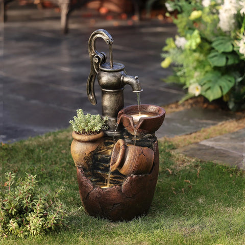 Farmhouse Pump and Pots Resin Outdoor Fountain with LED Lights