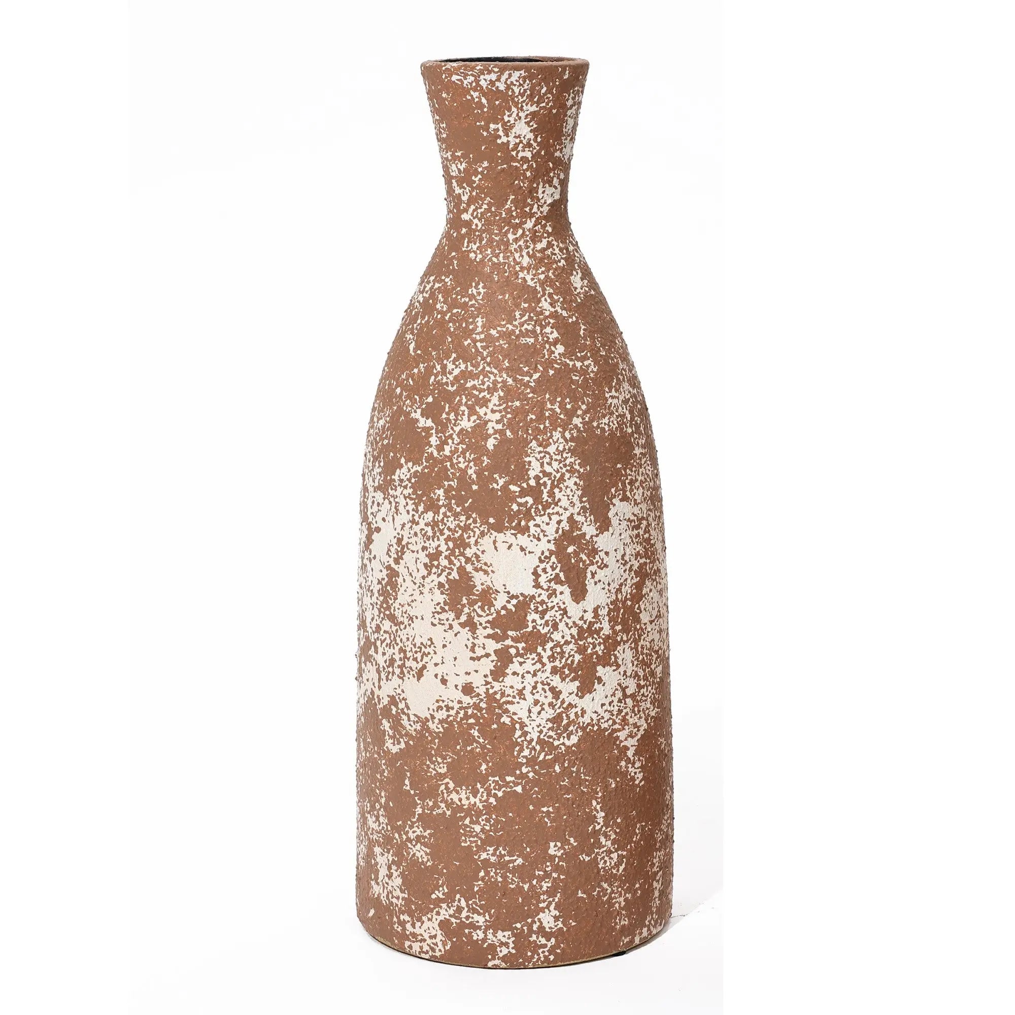 This brown ceramic vase exudes rustic charm with its rough, speckled texture and narrow neck, making it a perfect addition to any home decor.