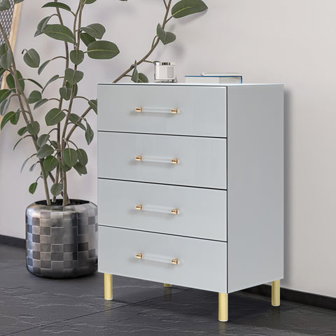 Grey 4-drawer chest, tapered glass surface