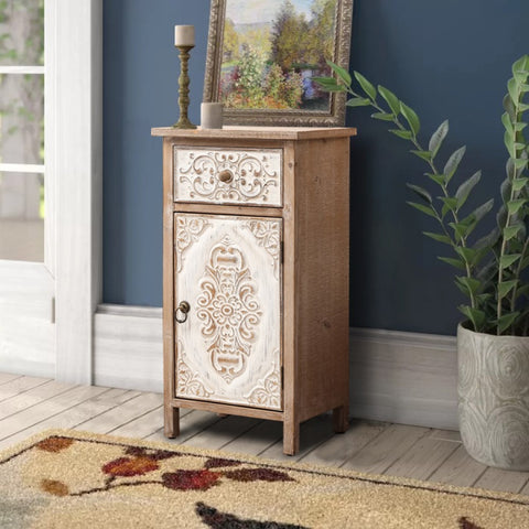 Floral Carved Wood 1-Door 1-Drawer End Table with Storage