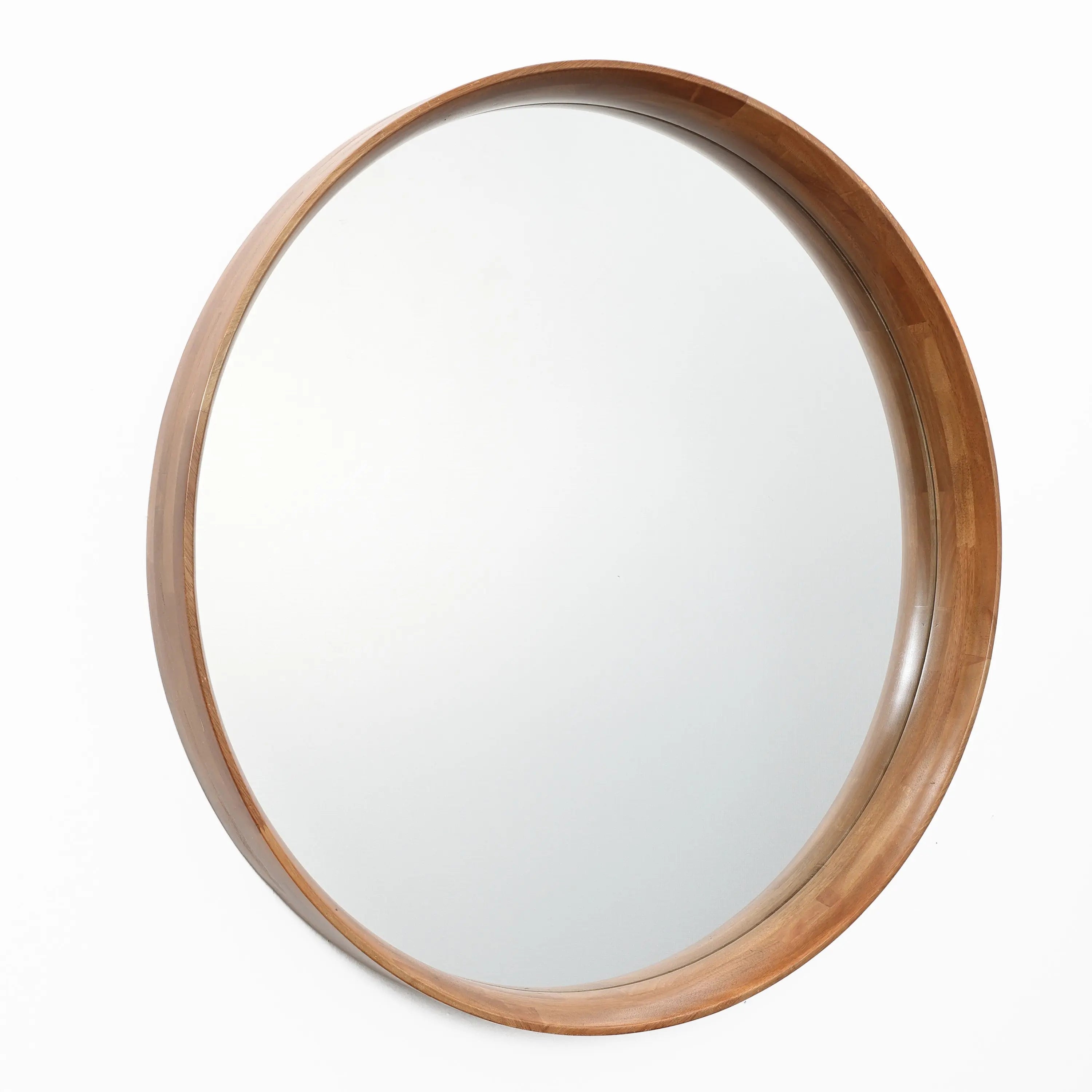 A round mirror with a natural wood finish frame on a white background.