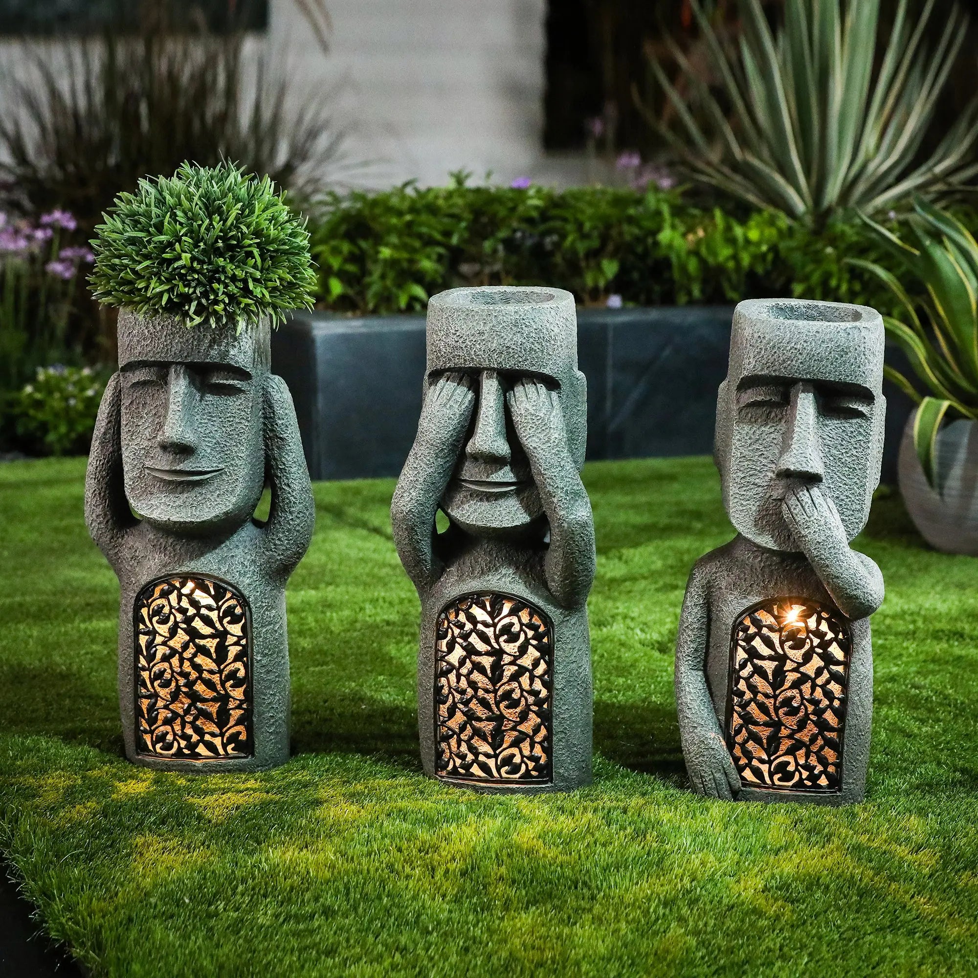 No Evil garden statues, w/solar lights, set of 3 - LuxenHome