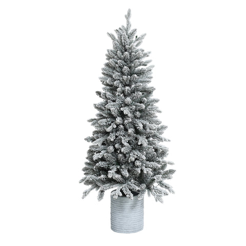 5Ft Pre-Lit Artificial Snow-Flocked Christmas Tree with Resin Pot