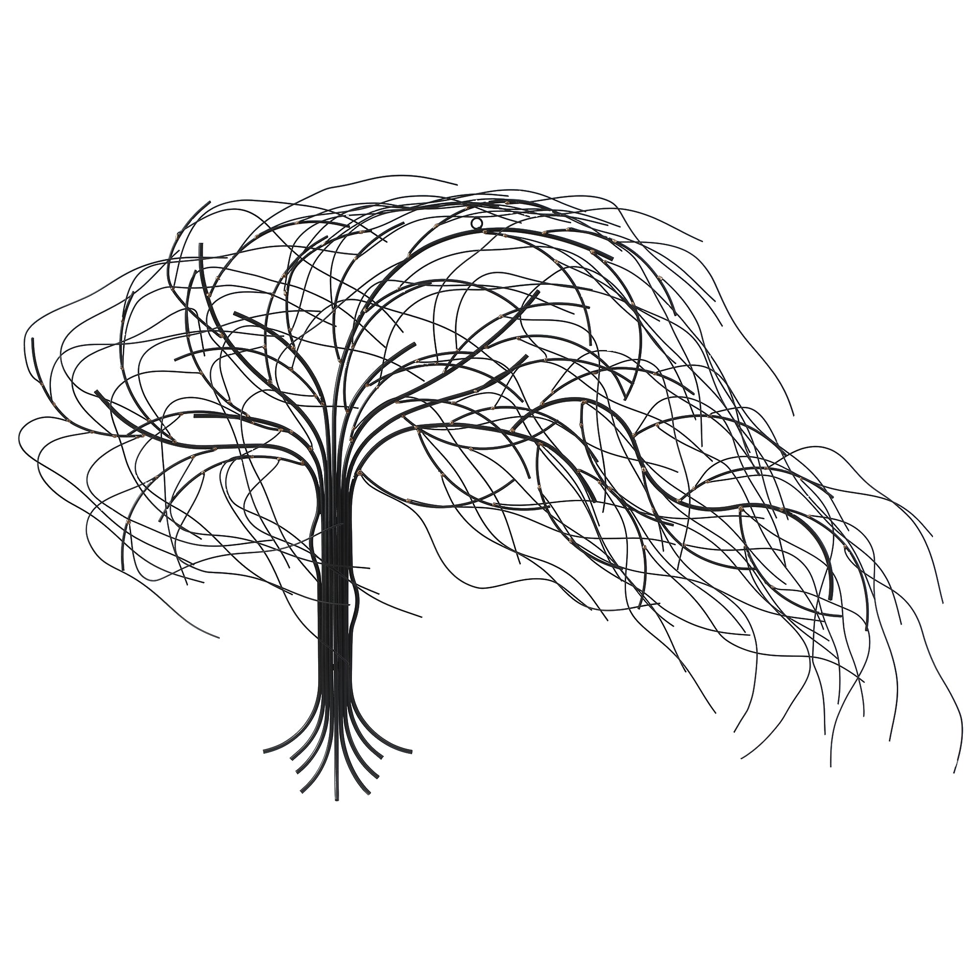 A minimalist black line drawing of a tree with long, flowing branches on a white background, inspired by handcrafted metal tree wall decor.