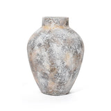 A large, ceramic vase with a mottled gray and brown surface features a round body and narrow neck, perfectly complementing your home decor. Its texture is reminiscent of white marble, set elegantly against a pristine white background.
