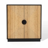 A wooden cabinet with a contemporary design features natural bamboo strips and a geometric pattern on the doors, complemented by sleek black edges. The two doors have a round black handle in the center, creating a sophisticated blend of style and function.