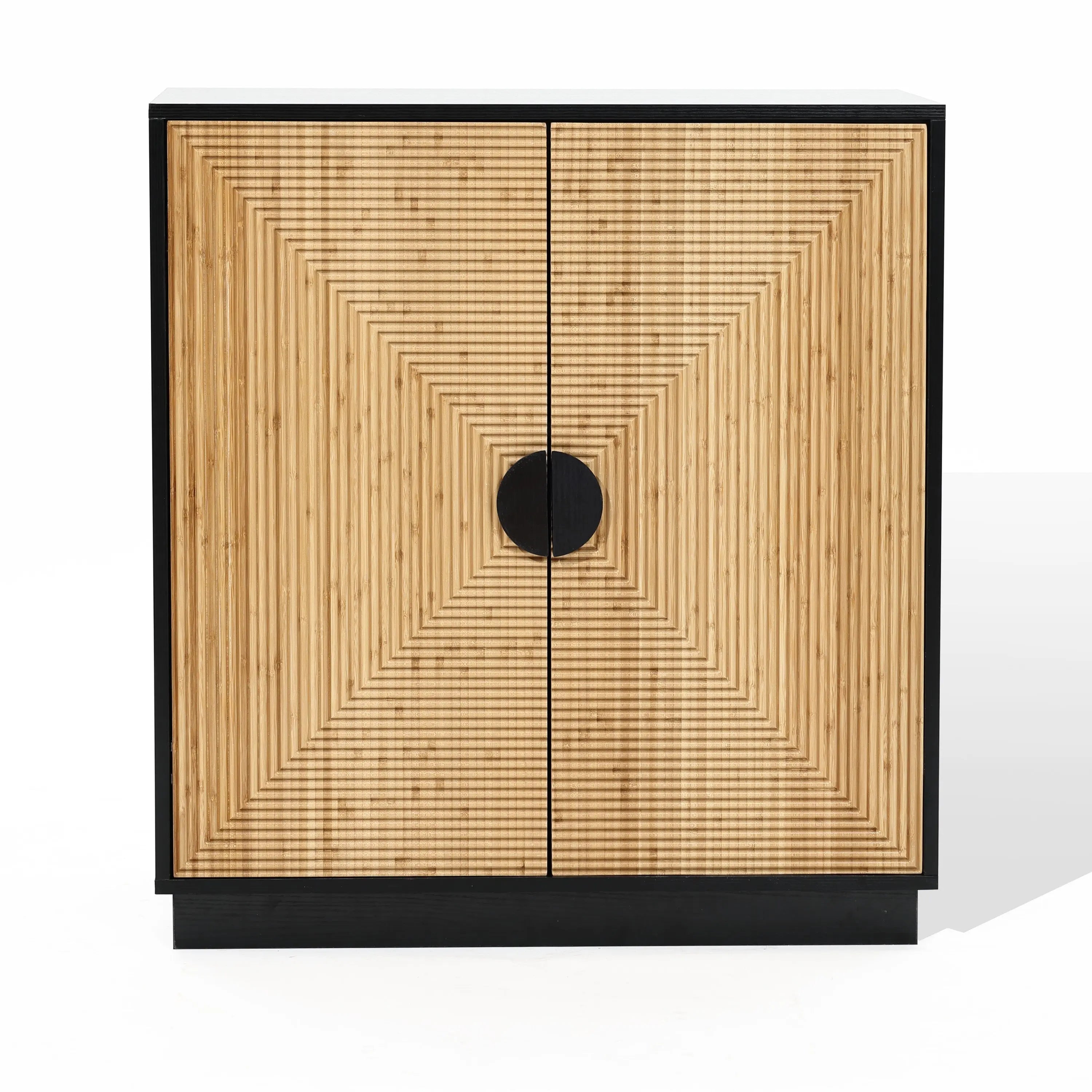 A wooden cabinet with a contemporary design features natural bamboo strips and a geometric pattern on the doors, complemented by sleek black edges. The two doors have a round black handle in the center, creating a sophisticated blend of style and function.