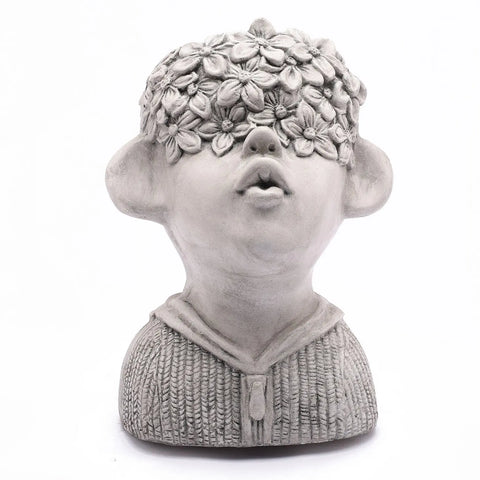 Gray MgO Kissing Flower Child Bust Planter