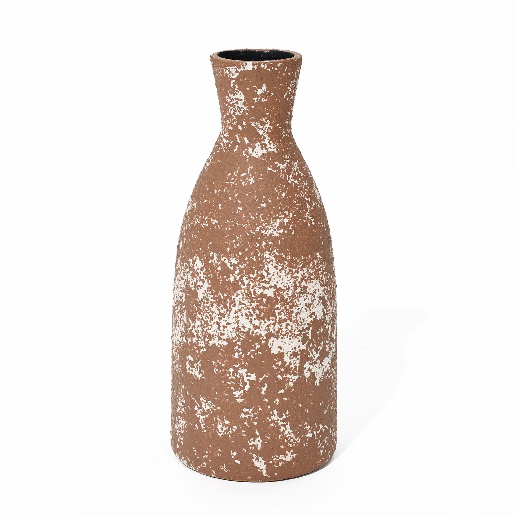 A tall, round ceramic vase exuding rustic charm features a textured white pattern, showcasing its handcrafted earthenware elegance.