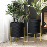 Two contemporary modern style planters with gold stands hold leafy green plants, strategically placed near a fireplace and curtain in a well-lit room. These durable iron planters add a touch of elegance to the space.